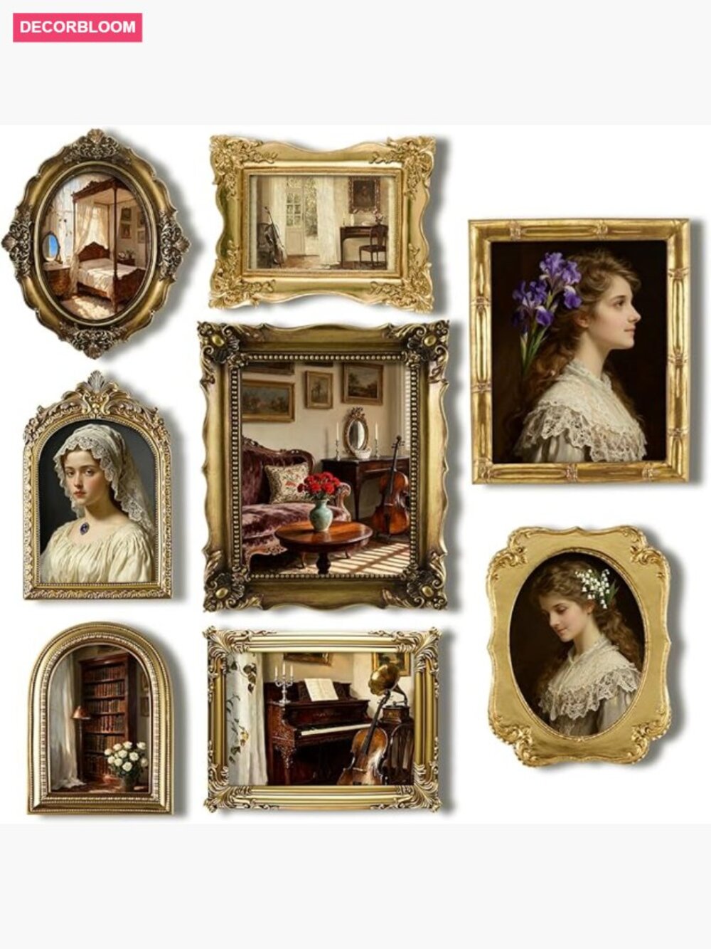 Gold Vintage Gallery Wall Frame Set 8 Pcs Resin Glass Baroque - Picture 1 of 7